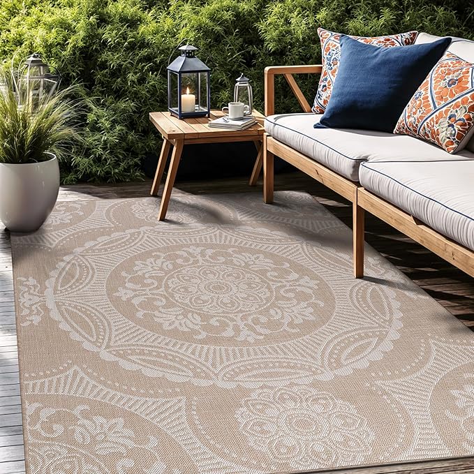 Medallion Outdoor Rug 5x7 Washable Outside Carpet for Indoor Patio Porch Waterproof Easy Cleaning Non Shedding Area Rugs Beige 5 x 7