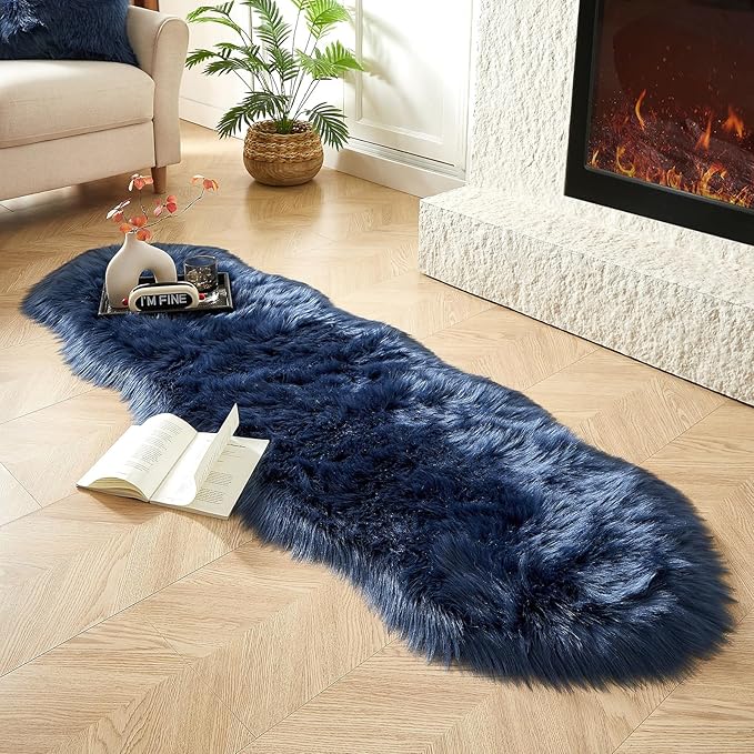 AMTOVO Faux Sheepskin Rug, Dark Blue Ultra Soft Fluffy Shag Area Rug, 2 x 6 ft Faux Fur Rug for Bedroom Sofa Throw Cushion Room Decor, Sheepskin
