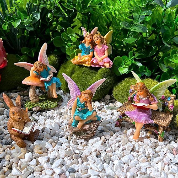 Mood Lab Fairy Garden - Miniature Reading Fairies Figurines Set - Statues & Accessories Decor Kit of 6 pcs