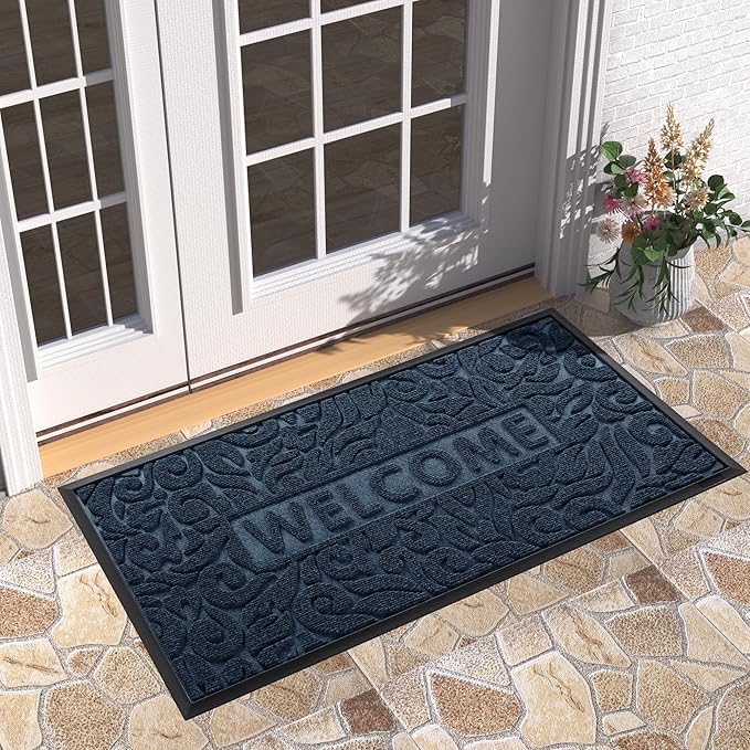Yimobra Welcome Front Door Mat Outdoor, Heavy Duty Sturdy Non Slip Doormats, Rubber Backing, Low-Profile Entrance Rugs, Absorbent Resist Dirt, Easy Clean Patio Garage Floor Mats, 47X24 Inch, Blue
