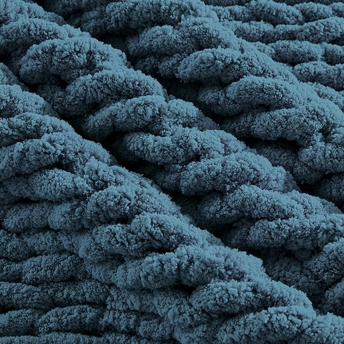 Carriediosa Chunky Knit Throw Blanket 50" X 60", 100% Hand Made Large Chenille Loop Yarn Soft Fluffy Throws for Couch Sofa Bed, Big Crochet Cozy Heavy Thick Cable Woven Blankets, Lyons Blue