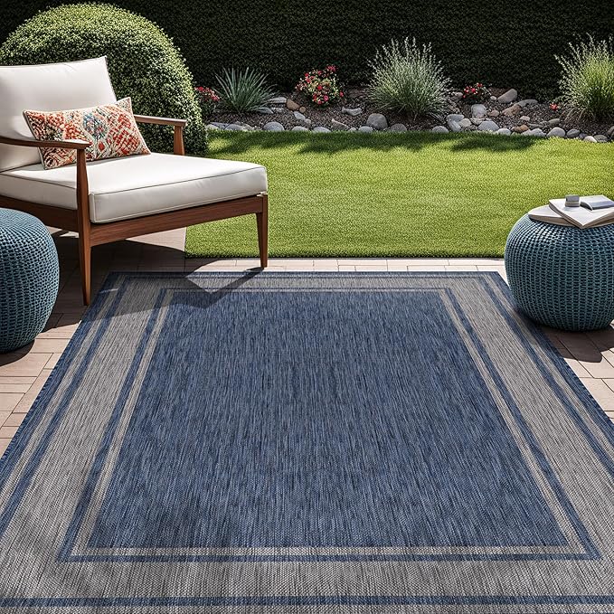 Beverly Rug Large Outdoor Rug 9x12 Modern Bordered Area Rugs for Indoor and Outdoor Patio Deck Porch Garden Waterproof Weather Sun Resistant Washable Outside Carpet (9 x 12 Navy)