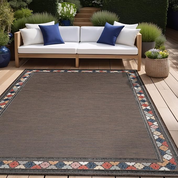 Beverly Rug Outdoor Rug 6x9 Modern Bordered Area Rugs for Indoor and Outdoor Patio Easy to Clean Non Shedding Living Room Porch Garden Washable Outside Carpet (6 x 9 Brown)