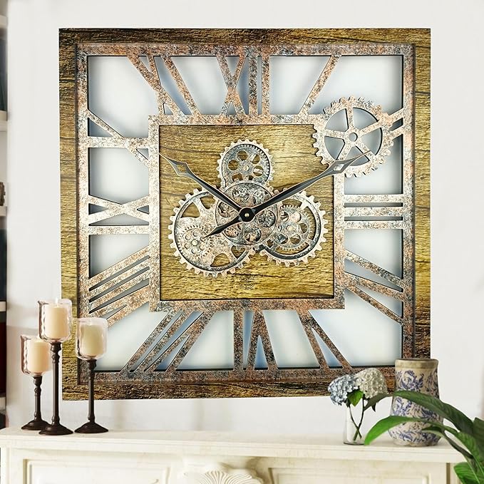 The Gears Clock 24'' Inch Square Real Moving Gear Wall Clock Vintage Industrial Oversized Rustic Farmhouse (Gold Antique)