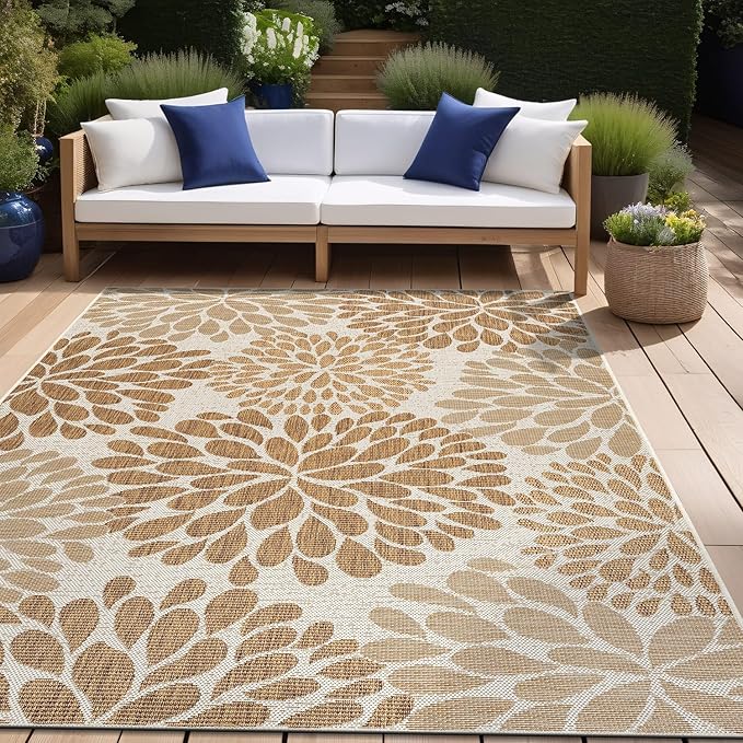 Beverly Rug Outdoor Rug 10x14 Modern Exotic Tropical Leaf Area Rugs for Indoor and Outdoor Patio Deck Porch Garden Water Resistant Washable Outside Carpet (10 x 14 Beige)