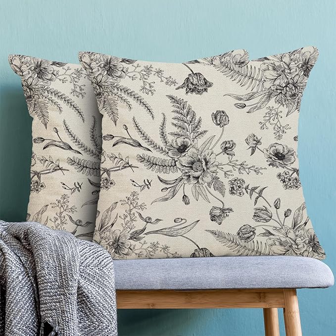 CXMEIFLY Spring Floral Leaves Pillow Covers 18 x 18 Inch Set of 2 for Chinoiserie Flowers Decor Throw Pillows Black and White Seasonal Plant Outdoor Decorative Cushion Cases for Couch Bed Decorations
