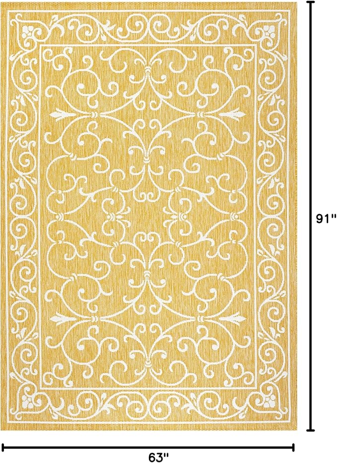 JONATHAN Y Vintage Filigree Indoor Outdoor Area Rug 5X8 Yellow/Cream, Charleston Textured Weave for Backyard, Patio, Porch, Easy-Cleaning, High Traffic, Pet-Friendly, Non-Shedding (SMB106L-5)