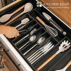 Premium Silverware, Flatware and Utensil Organizer for Kitchen Drawers, Food-Safe Contract Grade, Expandable from 18 to 33 In, Black Bamboo