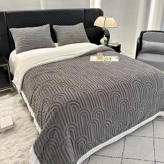UKELER Fleece Bed Blanket 80 × 90 inch, Ultra Soft Queen Size Throw Blanket for All Season, Cozy Plush Arch Sherpa Blankets for Bedroom Living Room Dorm Hostel Sofa Camping, Dark Grey