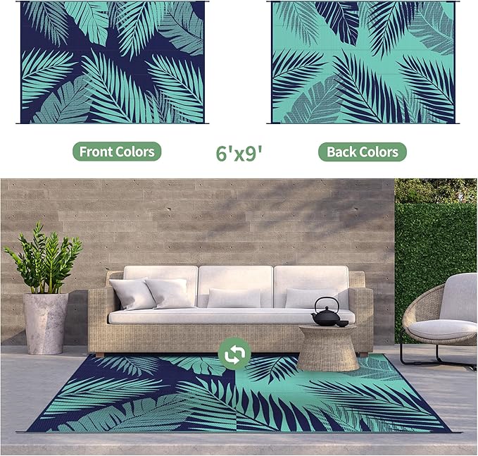 GENIMO Outdoor Rug 6' x 9' Waterproof for Patios Clearance, Reversible Outdoor Plastic Straw Camping Rug Carpet, Large Area Rugs Mats for RV, Camper, Deck, Balcony, Porch, Beach, Navy Blue&Jade Green
