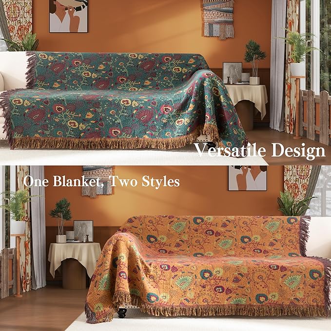 Boho Throw Blanket Queen Size, Oversized Soft Cozy Cotton Muslin Quilt Blanket for Bed Decor, Floral Patterned Couch Sofa Chair Cover, Vintage Farmhouse Cottage Woven Blanket, Green&Orange
