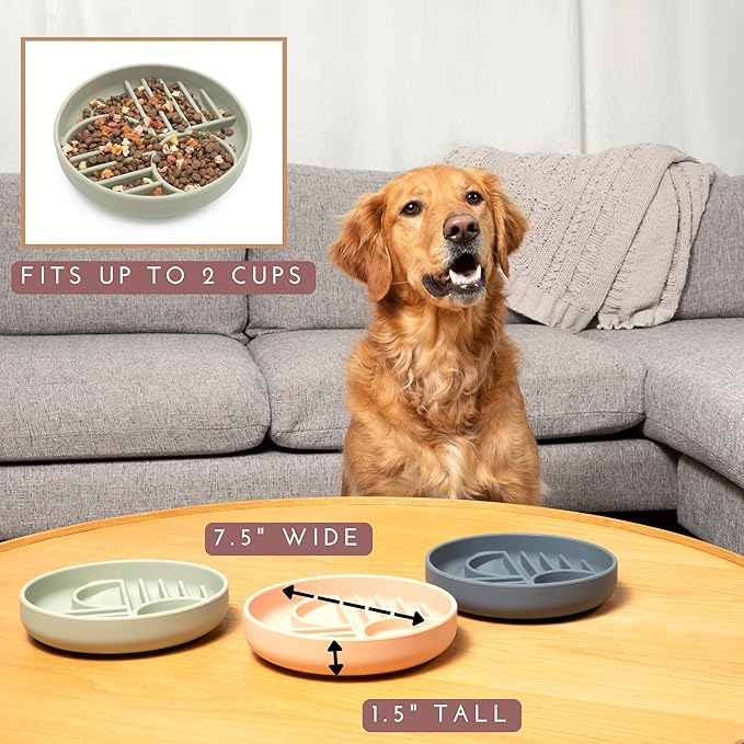 The Slowdown Bowl Silicone Slow Feeder for Dogs & Puppies, Slow Eating Modern Lick Mat Design Reduces Gulping, Fits 2 Cups 7.5” Across x 1.5” Tall, Mealtime Challenge, Medium-Sage