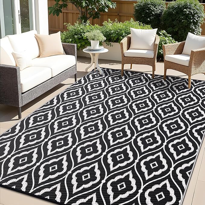 OLANLY Outdoor Rug 5x8 ft Waterproof, Outdoor Plastic Straw Rug with Geometric Pattern Clearance, Reversible RV Mat for Patio, Camping, Balcony, Deck, Backyard, Black & White
