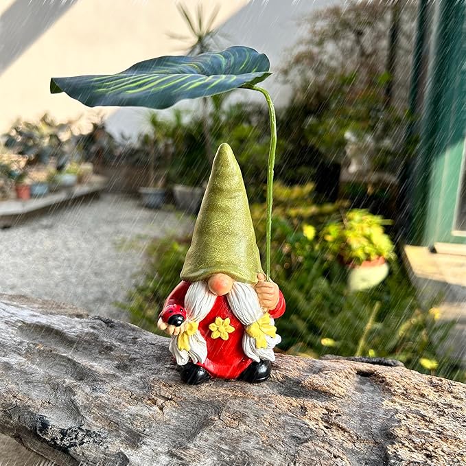 Garden Female Gnome Statue Decoration with Leaf Umbrella, 6.5” Figurine Ornament for Indoor Outdoor Home Patio Yard Lawn, for Gnome Lovers & Garden Enthusiasts，Mom，Women