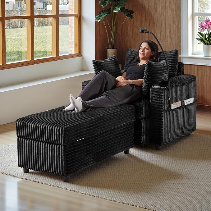 Accent Chair with Storage Ottoman Upholstered Living Room Chairs for Reading Chair with Chaise Lounge Chairs Indoor, Comfortable Armchair for Bedroom