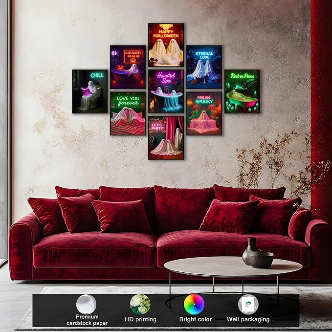 LANCHI95 Halloween Ghosts Wall Art Halloween Wall Art Gothic Romantic Couple Cute Ghost Wall Decor Pictures Horror Wall Decor for Living Room Bedroom, Set 9pcs - 8x10 in (UNFRAMED)