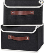 ANMINY 2PCS Storage Bins with Lid PU Leather Handles Storage Boxes PP Plastic Board Decorative Foldable Lidded Cotton Linen Fabric Home Cubes Baskets Closet Organizer Containers - Black, Small Size