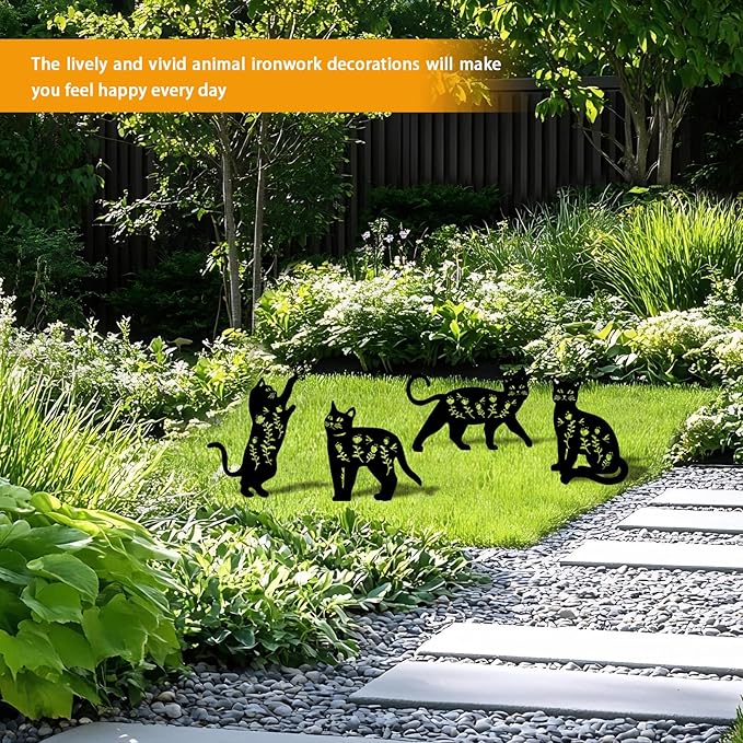 4 Pack Cat Metal Garden Decorative Stakes, Weather Proof Silhouette Statues for Yard, Patio,Outdoor Decor for Cat Lovers and Pet Owners
