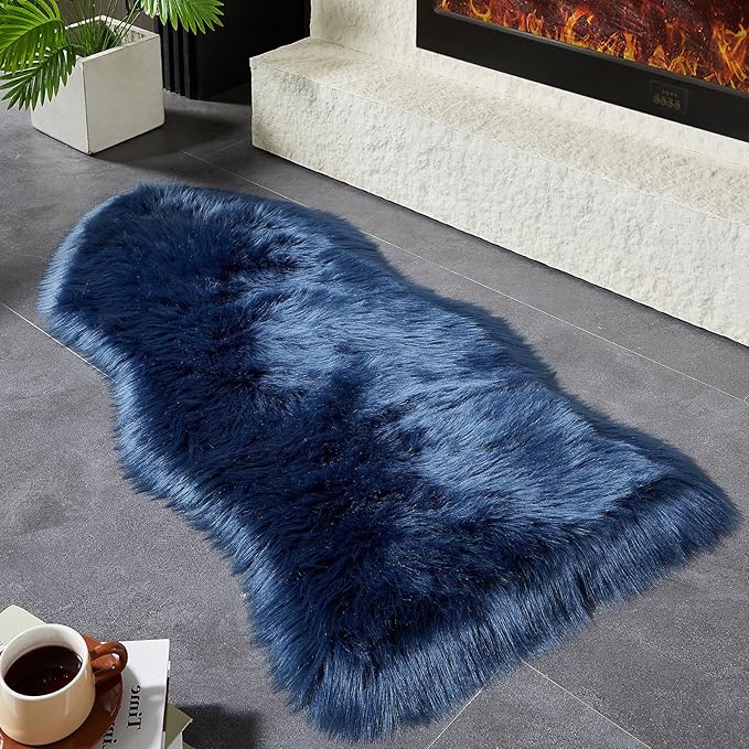 AMTOVO Faux Fur Rug, Dark Blue Area Rug, Fluffy Sheepskin Rug, Fuzzy Ultra Soft 2 x 4 ft Shag Rugs for Bedroom Sofa Throw Cushion Room Decor, Sheepskin