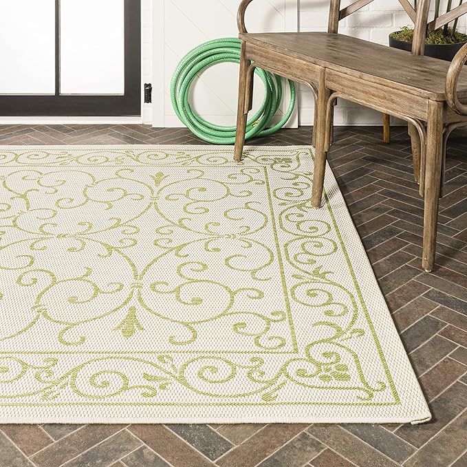 JONATHAN Y Vintage Filigree Indoor Outdoor Area Rug 5X8 Cream/Green, Charleston Textured Weave for Backyard, Patio, Porch, Easy-Cleaning, High Traffic, Pet-Friendly, Non-Shedding (SMB106I-5)