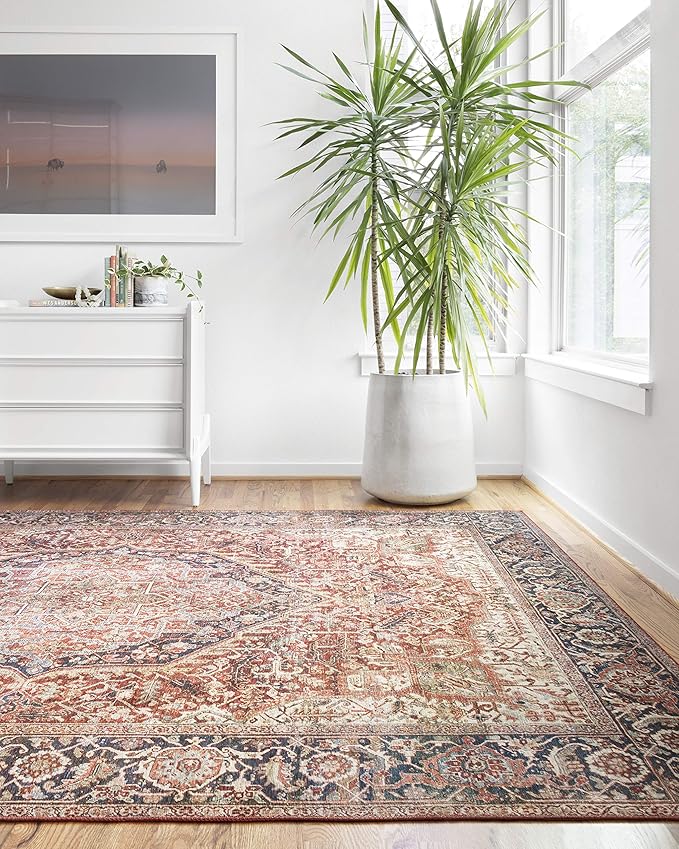 Loloi Layla Collection LAY-08 Red/Navy 5'-0" x 7'-6" .13" Thick Area Rug, Soft, Durable, Vintage Inspired, Distressed, Low Pile, Non-Shedding, Easy Clean, Printed, Living Room Rug