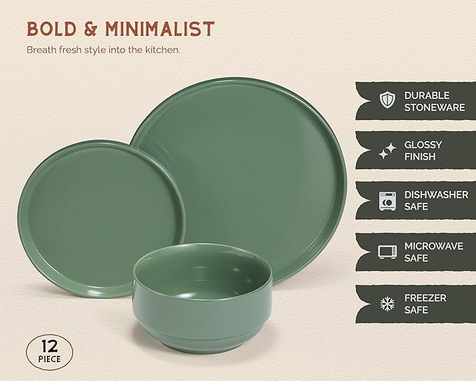 Ceramic Dinnerware Set, 12-Piece Service for 4, Round, Microwave and Dishwasher Safe, Cambridge Classics (Dusty Jade)