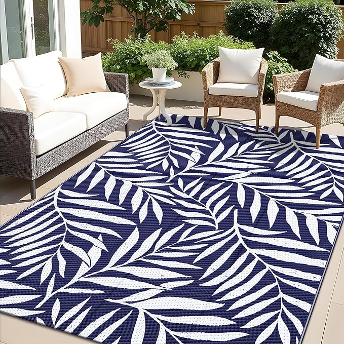 OLANLY Waterproof Outdoor Rug 5x8 ft, Reversible Outdoor Plastic Straw Rug with Leaf Pattern, RV Mat, Indoor Outdoor Carpet for Patio, Camping, Balcony, Deck, Backyard, Navy & White