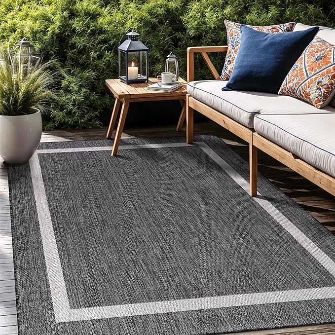 Bordered Outdoor Rug 8x10 Washable Outside Carpet for Indoor Patio Porch Waterproof Easy Cleaning Non Shedding Area Rugs Gray 8 x 10