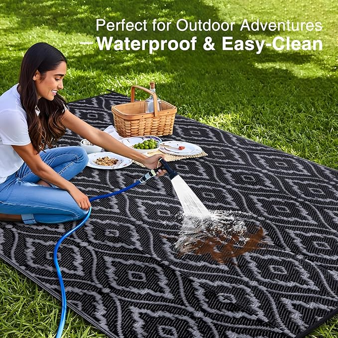 OLANLY Outdoor Rug 9x12 ft Waterproof, Outdoor Plastic Straw Rug with Geometric Pattern Clearance, Reversible RV Mat for Patio, Camping, Balcony, Deck, Backyard, Black & Grey