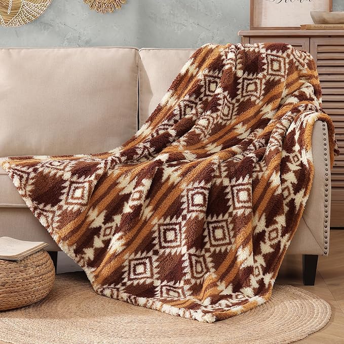 CASAAGUSTO Boho Sherpa Blanket, Aztec Twin Blanket,Ultra Soft, Warm, Cozy, Plush, Thick Fleece Throw Blanket for Couch, Bed, Sofa (Terracotta 60 * 80 Inch)
