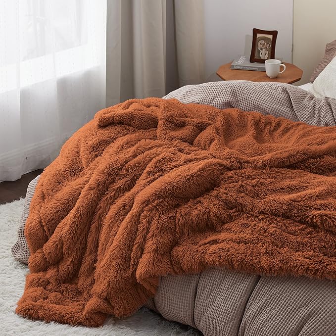 Bedsure GentleSoft Fluffy Burnt Orange King Size Blanket for Bed, Thick Soft Sherpa Faux Fur Fleece Bedding Fuzzy Plush Winter Warm Heavy Large King Blanket, Cozy Orange Gifts for Men Women, 108x90