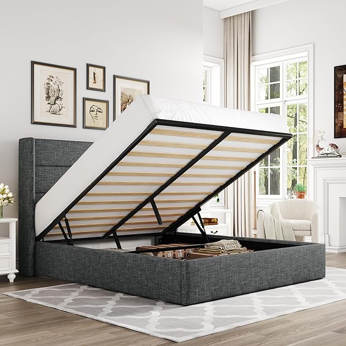 Allewie Queen Size Lift Up Storage Bed, Modern Wingback Headboard, Hydraulic Support, No Box Spring Needed, Dark Grey