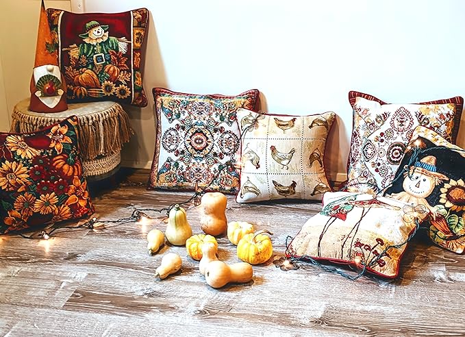 Tache Cushion Cover 18x18 Rococo Elegant Ornate Ivory Colorful Paisley Cotton Linen Tapestry Woven Decorative Throw Pillow Cover, 1 Piece