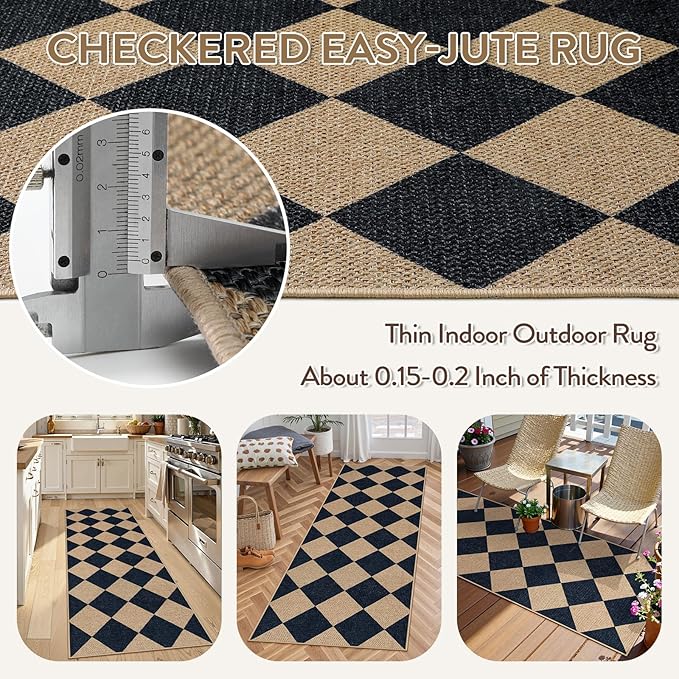 Lahome Checkered Easy Jute Runner, 2x6 Kitchen Runner Rug Non Slip Washable Outdoor Rug for Entryway Indoor, Checkerboard Black Indoor Outdoor Carpet for Hallway 6ft Entry Front Door