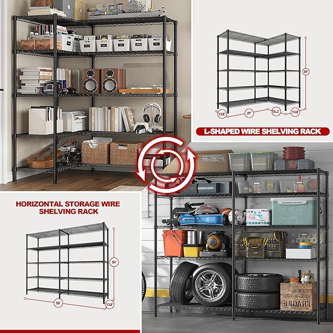 REIBII 5 Tier Wire Shelving Storage Shelves Loads 1430LBS, 58" W Metal Shelving Unit for Storage Adjustable Heavy Duty Garage Shelving Pantry Shelves Kitchen Shelving, Black, 2 Pack