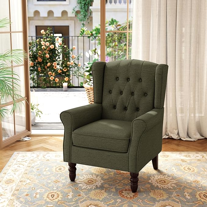 Accent Chair, Upholstered Armchair with Button Tufted High Back & Solid Wood Legs, Comfy Wingback Reading Single Sofa Chair for Small Spaces, Living Room, Bedroom (Green, Set of 2)