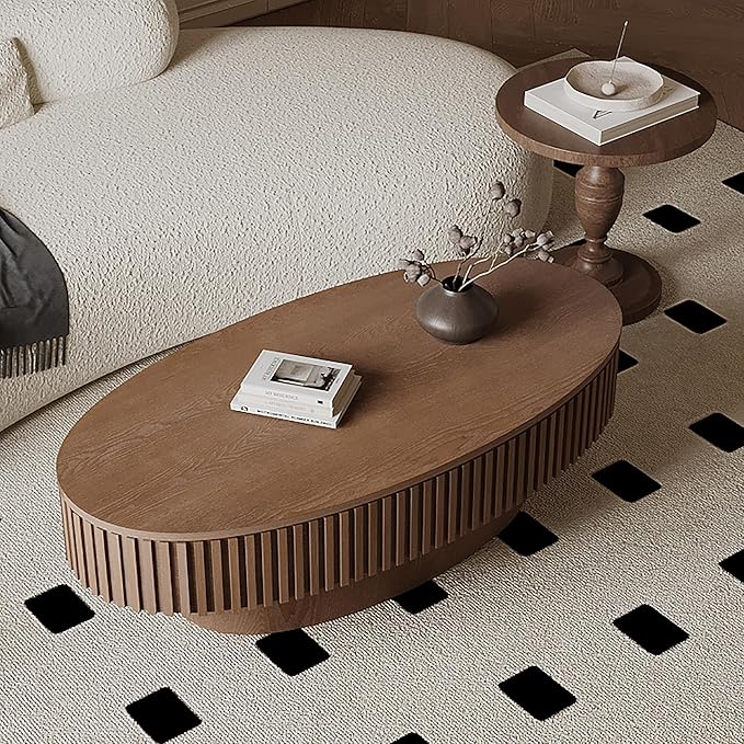 47.2''Oval Coffee Table with Storage, Mid Century Modern Fluted Drum Center Tables with Lid, Solid Wood Side Pedestal Coffee Table Tea Table for Living Room, Bedroom, Apartment-Walnut