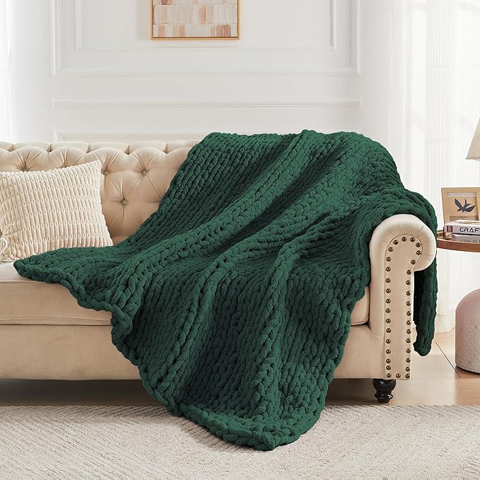 Carriediosa Chunky Knit Throw Blanket 60" X 80" Twin, 100% Hand Made Large Chenille Loop Yarn Soft Fluffy Throws for Couch Sofa Bed, Big Crochet Cozy Heavy Thick Cable Woven Blankets, Dark Green