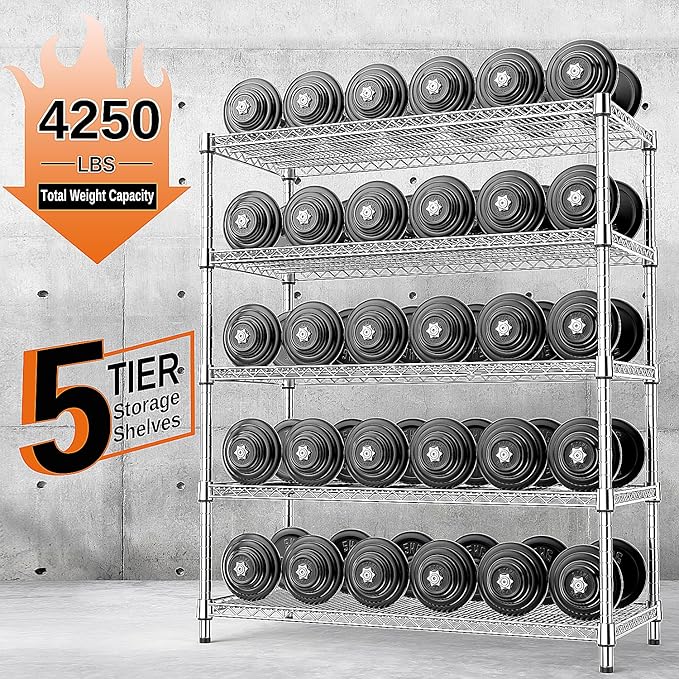 IZEUK 4250 LBS Garage Shelving Wide Storage Shelves 5 Tier Metal Shelves Heavy Duty Adjustable Utility Shelf Rack Chrome 17.7" D x 47.2" W x 70.4" H