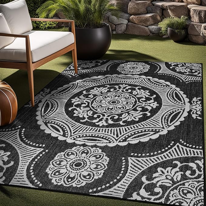 Medallion Outdoor Rug 9x12 Washable Outside Carpet for Indoor Patio Porch Waterproof Easy Cleaning Non Shedding Area Rugs Black 9 x 12