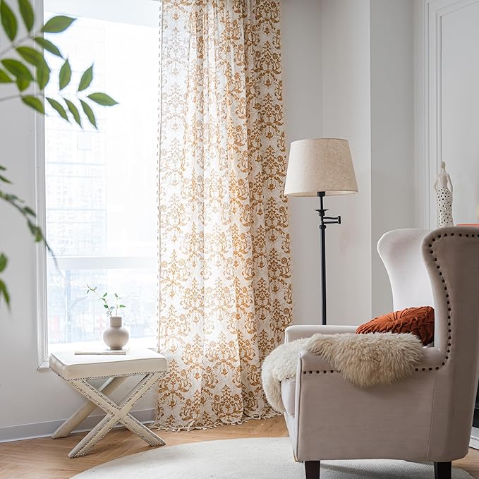 Sutuo Home Boho Curtains 84 Inches Length for Bedroom Living Room, Printed Moroccan Cotton Linen Rod Pocket Rustic Farmhouse Bohemian Tassels Window Treatment, 1 Panel 59" W x 84" L, Brown Damask