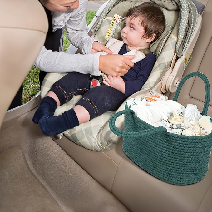 Large Baby Diaper Caddy Organizer for Girl Boy Rope Nursery Storage Bin Basket Portable Holder Tote Bag for Changing Table Car Travel Baby Shower Gifts basket dark green