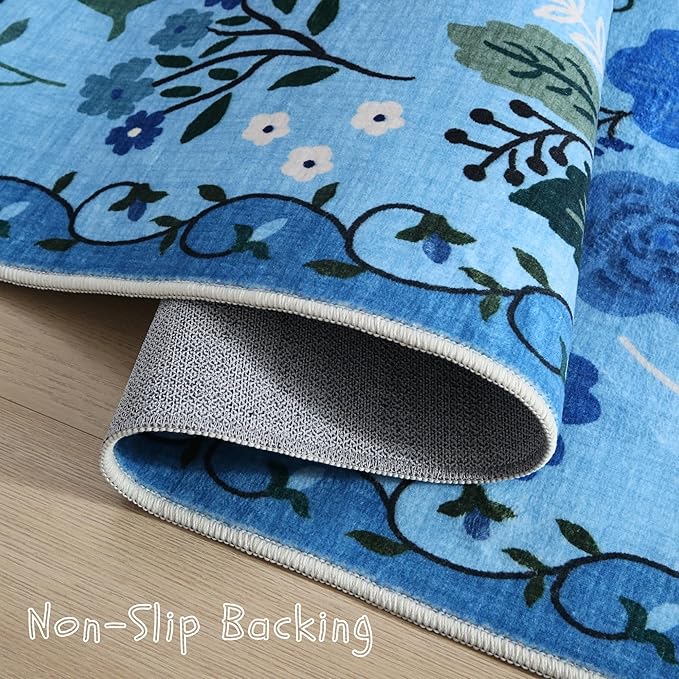 Runner Rug for Hallways Kitchen Rug Non Slip 2'x 6' Washable Runner Rugs with Rubber Backing Soft Floral Carpet Runner for Hallways, Kitchen, Laundry, Bedroom, Bathroom(Blue)