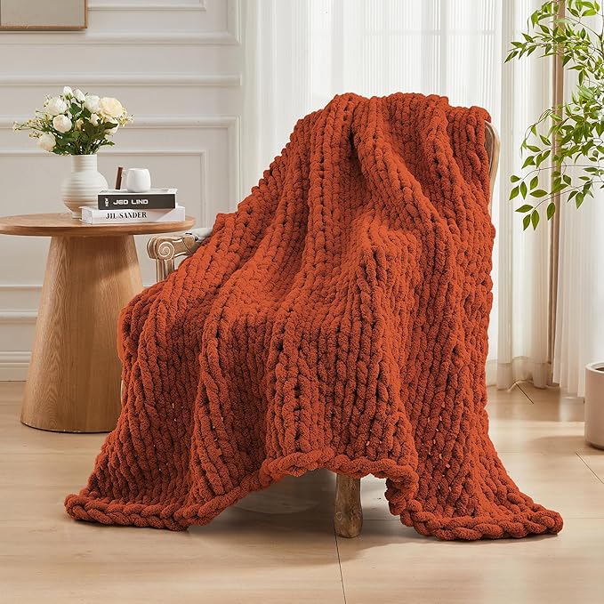 Carriediosa Chunky Knit Throw Blanket 60" X 80" Twin, 100% Hand Made Large Chenille Loop Yarn Soft Fluffy Throws for Couch Sofa Bed, Big Crochet Cozy Heavy Thick Cable Woven Blankets, Rust
