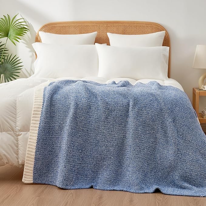 Snuggle Sac Royal Blue Blanket Twin Size for Bed and Sofa, Reversible Super Soft Blankets Warm Cozy Knit Blankets Fuzzy Plush Blankets, Heather Blue, 60x80 inches