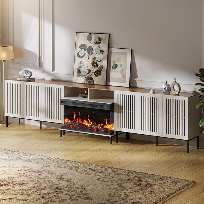 3-Sided Glass Farmhouse Fireplace TV Stand for TVs Up to 110 Inch, Entertainment Center with 36" Electric Fireplace, Antique White TV Console with Storage Cabinets for Living Room