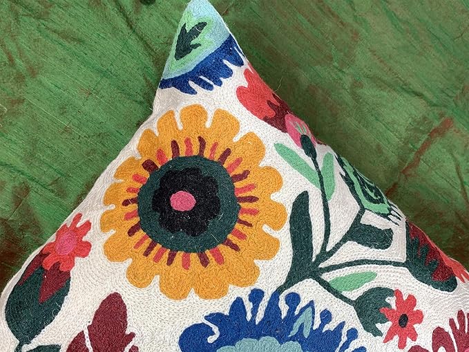 Lumbar Cream Floral Pillow Cover Polish Flower Accent Chair Pillowcase Couch Modern Farmhouse Couch Cushion Hand Embroidered Wool Size 14x20 Inch