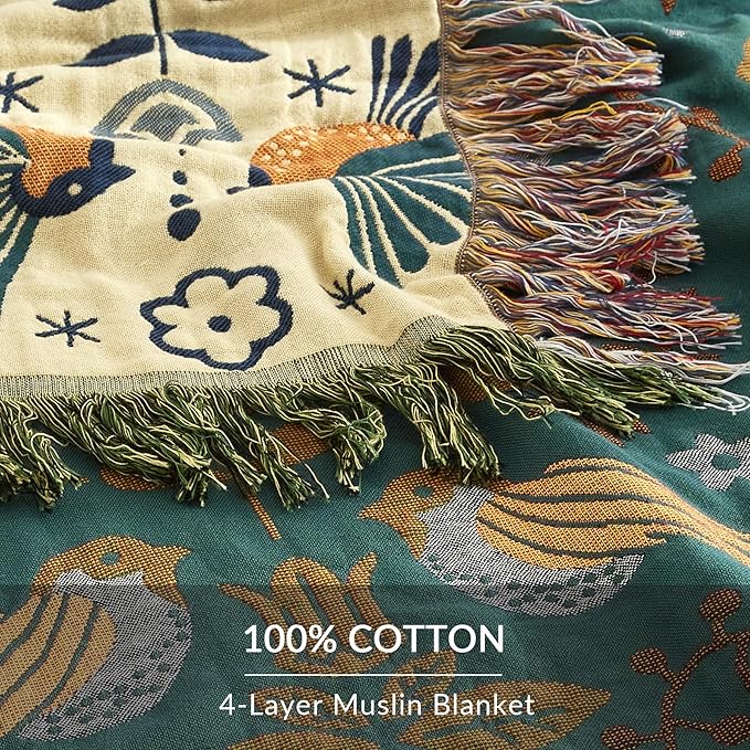 Boho Throw Blanket for Couch Sofa Bed, 100% Cotton Woven Quilt with Tassel 60”x80”, Super Soft Muslin Blanket with Bird Printed, Decorative Reversible Bed Blanket/Cover for All Seasons
