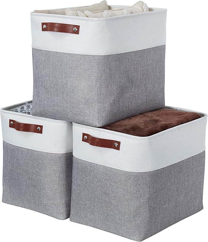 DECOMOMO Storage Baskets | Large Storage Bins 54.5L Fabric Baskets for Organizing Laundry Nursery Toys Cloth Linen Closet Organizers with Handles (Grey and White, XXXL - Jumbo/3P - 17" x 13" x 15")