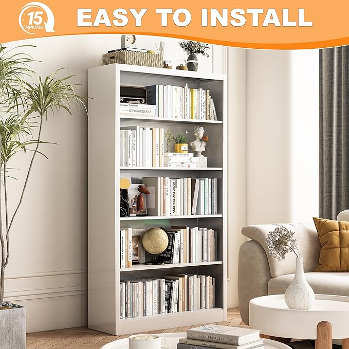White Bookshelf, 55” Adjustable Tall Metal Bookshelf, 5-Tier Wide Bookshelf with Anti-Tilt Device, Modern Book Cases and Book Shelves for Bedroom, Living Room, Playroom, Study